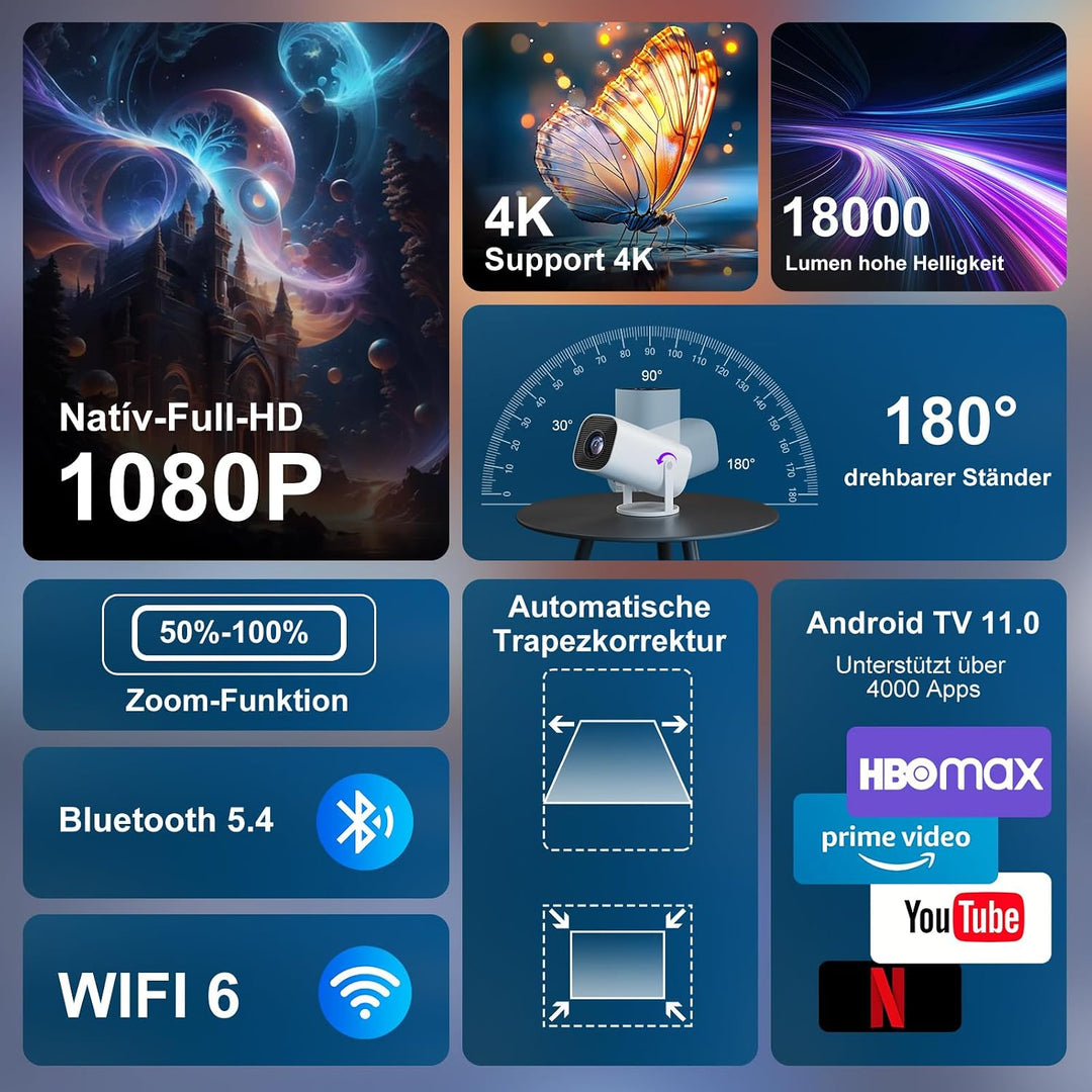 Mini Beamer, Smart Projektor Full HD 1080P, Klein Beamer Heimkino mit WiFi 6 und Bluetooth 5.2, Unte