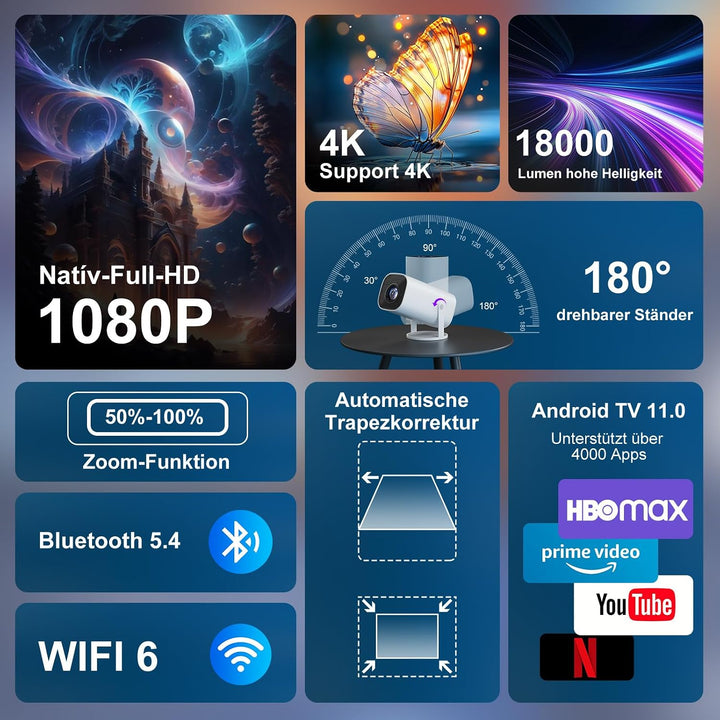 Mini Beamer, Smart Projektor Full HD 1080P, Klein Beamer Heimkino mit WiFi 6 und Bluetooth 5.2, Unte