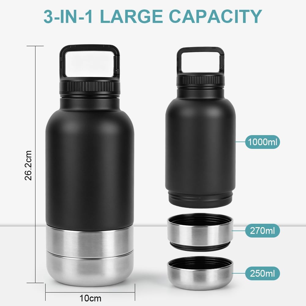 HOTUT Trinkflasche Hunde für Unterwegs 1000ml, 3 in 1 Wasserflasche mit 2 Futternapf, Isolierte Edel