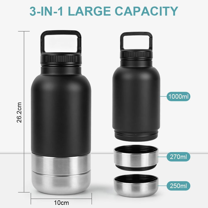 HOTUT Trinkflasche Hunde für Unterwegs 1000ml, 3 in 1 Wasserflasche mit 2 Futternapf, Isolierte Edel