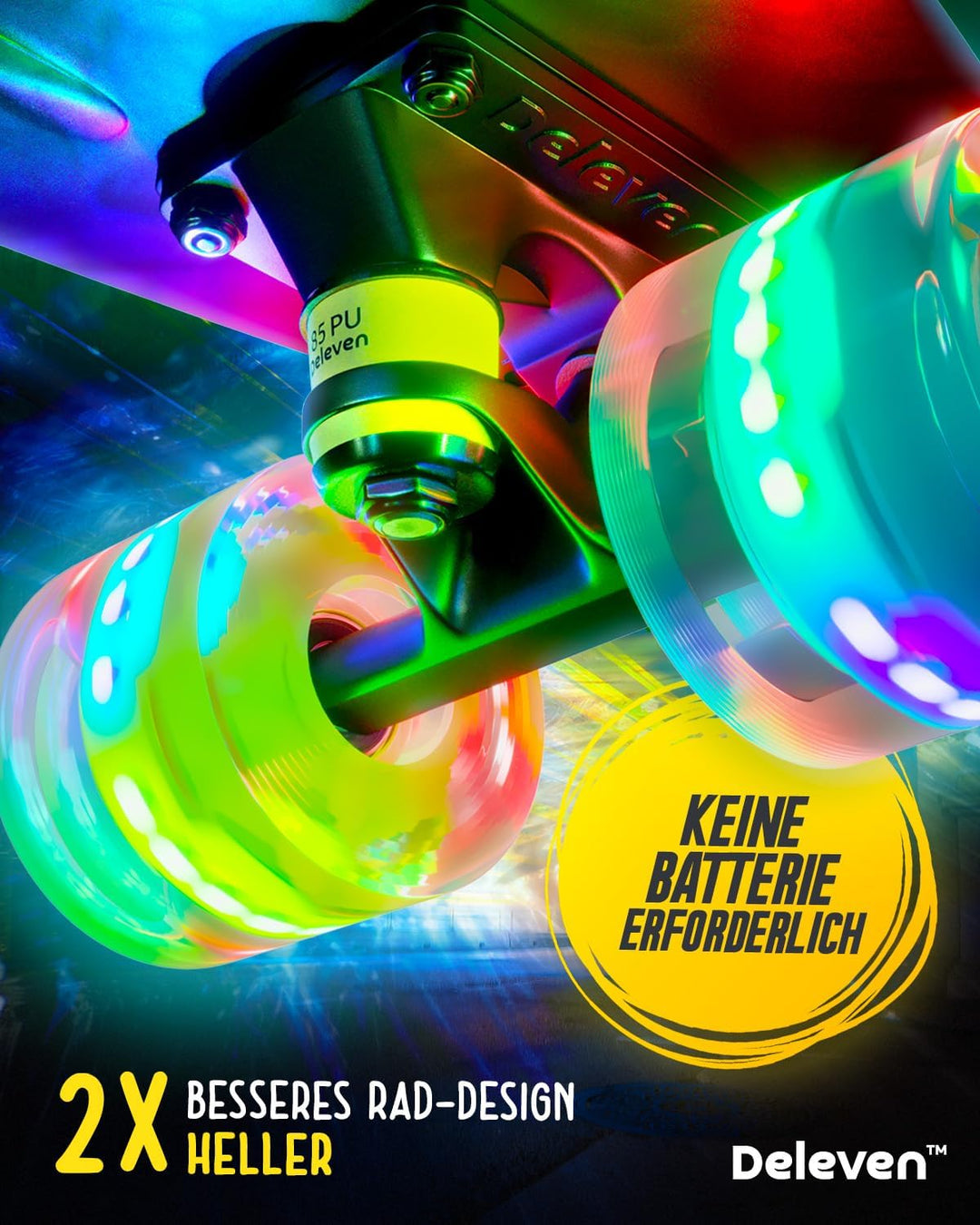 Deleven Skateboard mit LED Rollen, Skate Tool und ABEC 7 Lager - Kinder Erwachsene Anfänger - 56 cm,