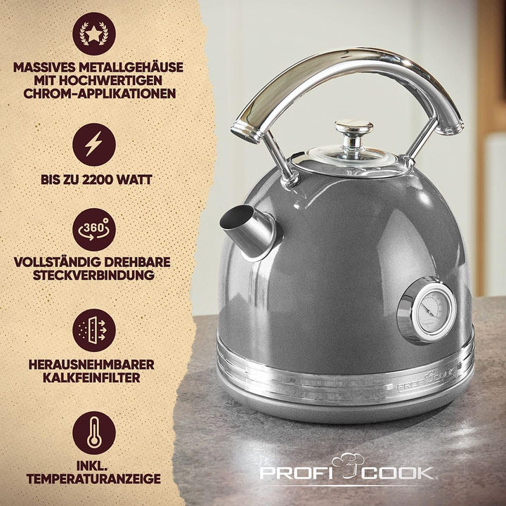 ProfiCook® Wasserkocher 1,7L im stilvollen Vintage-Design - Retro Wasserkocher mit massivem Metallge
