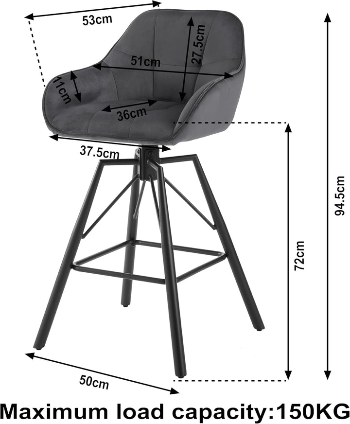 WOLTU Barhocker 2er Set, Barstuhl mit Lehne, Samt, Dunkelgrau | Bistrohocker 360°drehbar, Tresenhock