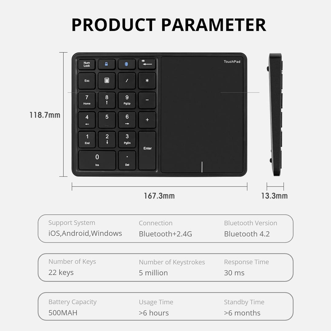 Cuifati Bluetooth Wireless Number Pads, 2 in 1 22 Keys Wireless Numeric Keypad mit Touchpad, Support