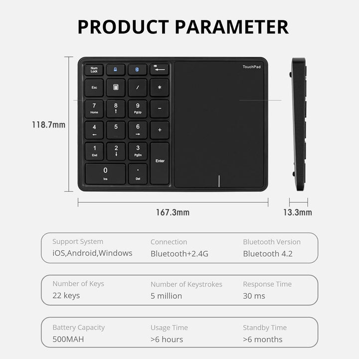 Cuifati Bluetooth Wireless Number Pads, 2 in 1 22 Keys Wireless Numeric Keypad mit Touchpad, Support