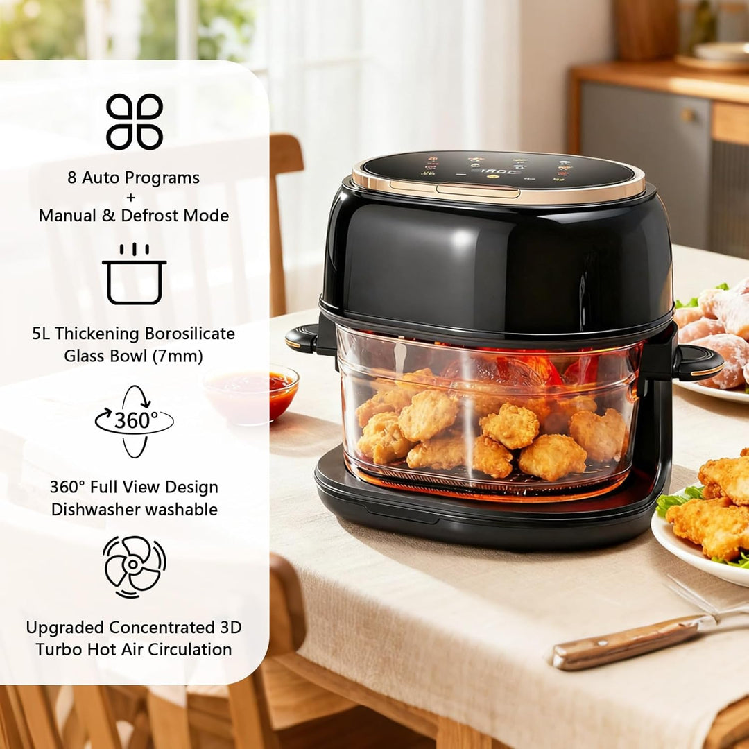 Heissluftfritteuse 5L, spülmaschinenfest Glaskorb, Sichtfenster & Touchscreen, 8 Smart Programme, 1–