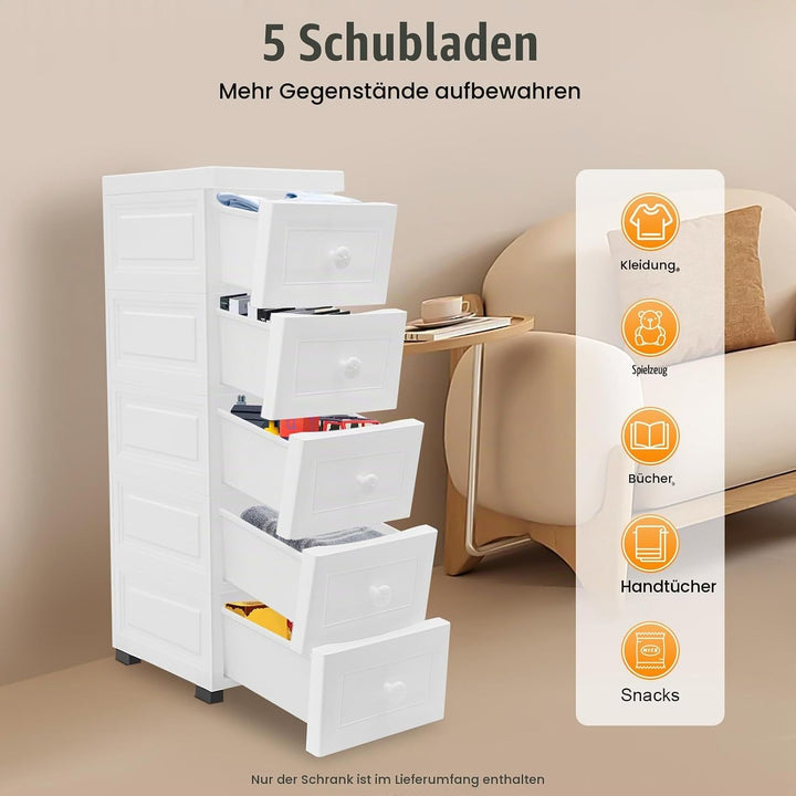 5-stöckige Kunststoffschubladen, Weisser, Versiegelter Aufbewahrungsschrank, mobile Aufbewahrungsbox