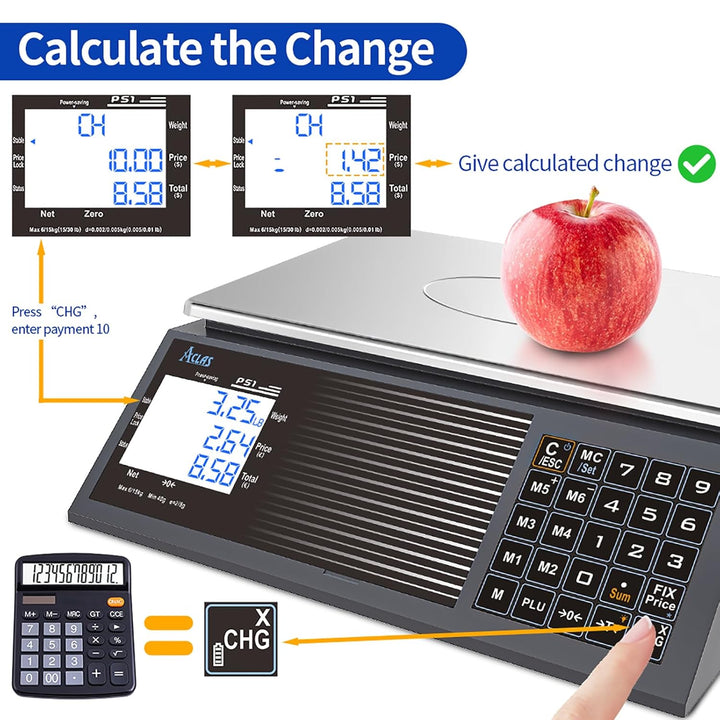 ACLAS Marktwaage Waage mit Stange 30kg Kontrollwaage Geeichte Ladenwaage - mit Dual LCD-Display Indu