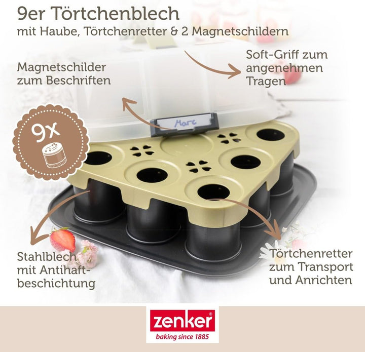 Zenker Bake, Click & Go 9er Törtchenblech mit Haube – 29 x 29 x 7 cm – Backform mit passendem Deckel