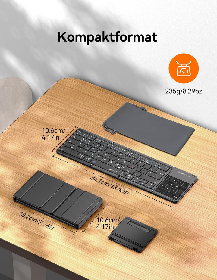 TECKNET Bluetooth Tastatur Faltbare mit Touchpad, QWERTZ Deutsch, Schwarz, Schwarz