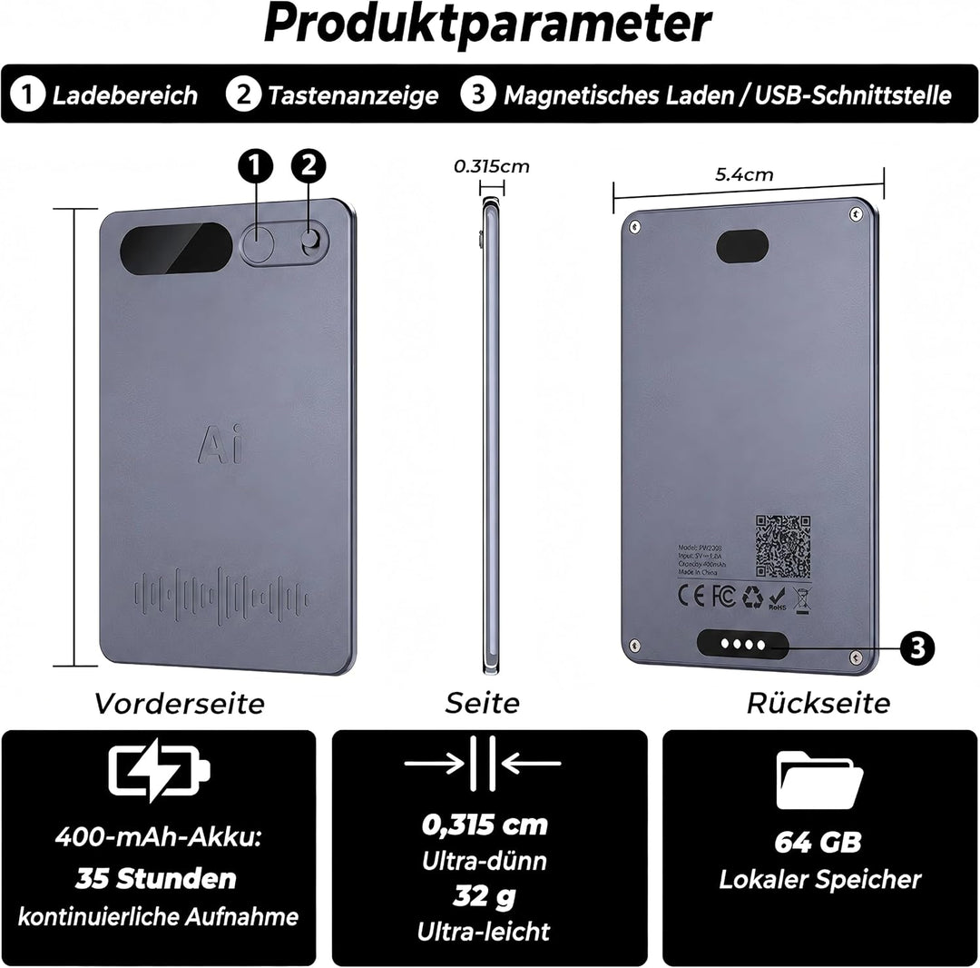 KI Diktiergerät, Diktiergerät Mini 64 GB, Schwarzes Gehäuse | Gestützte Transkription und Zusammenfa