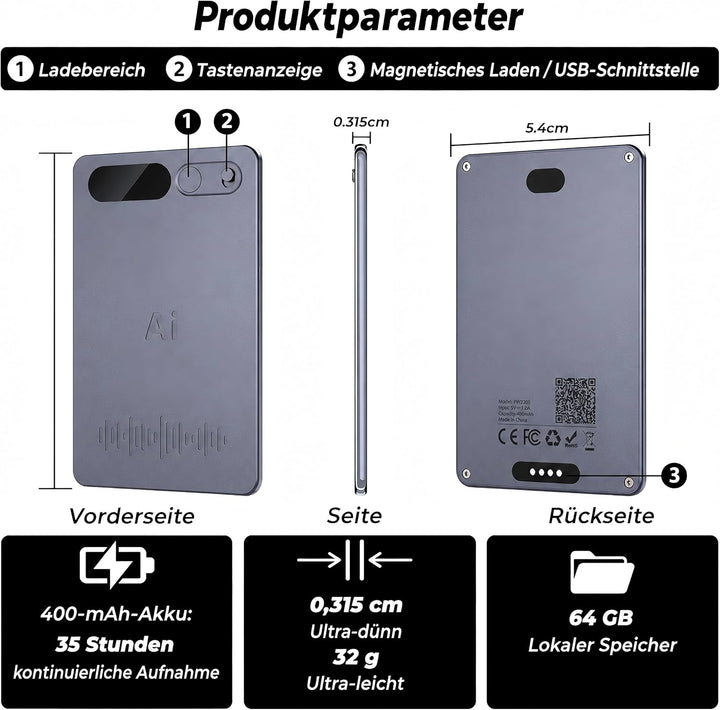 KI Diktiergerät, Diktiergerät Mini 64 GB, Schwarzes Gehäuse | Gestützte Transkription und Zusammenfa