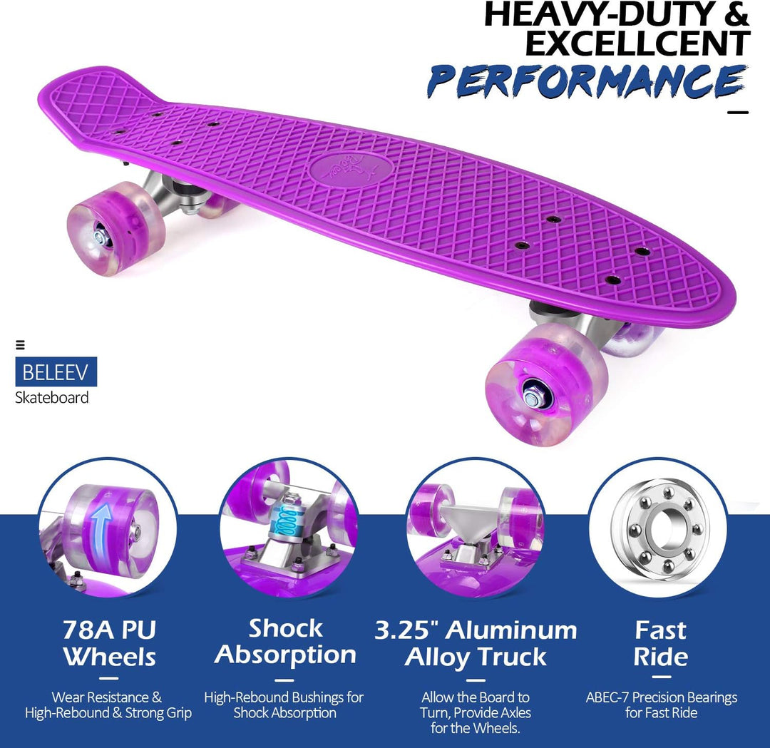 BELEEV Skateboard Komplette 22 Zoll Mini Cruiser Skateboard für Kinder Jugendliche Erwachsene, LED L