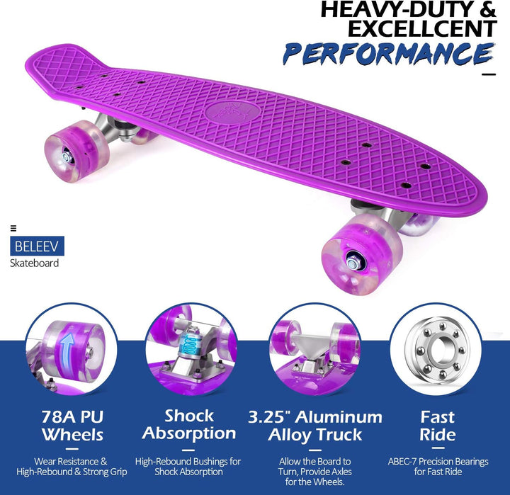 BELEEV Skateboard Komplette 22 Zoll Mini Cruiser Skateboard für Kinder Jugendliche Erwachsene, LED L