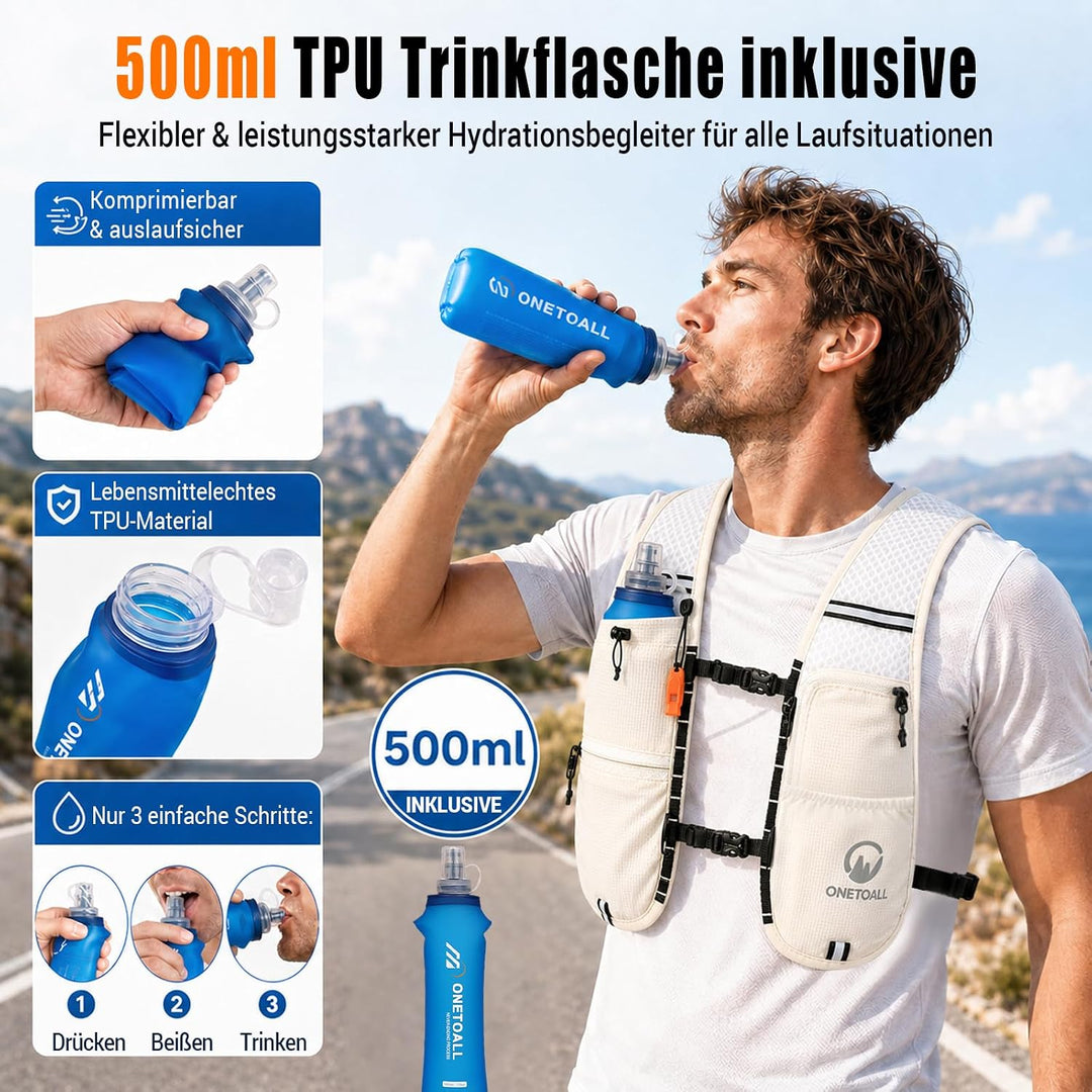 Laufweste Damen mit 500ml Trinkflasche/2L Trinkblase, Leichter Trinkrucksack Laufen Herren 6L, Runin