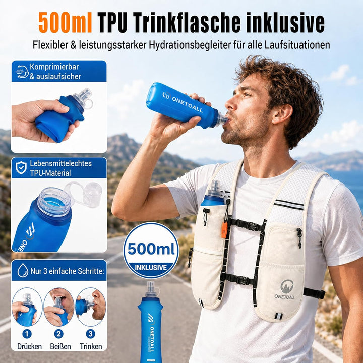 Laufweste Damen mit 500ml Trinkflasche/2L Trinkblase, Leichter Trinkrucksack Laufen Herren 6L, Runin