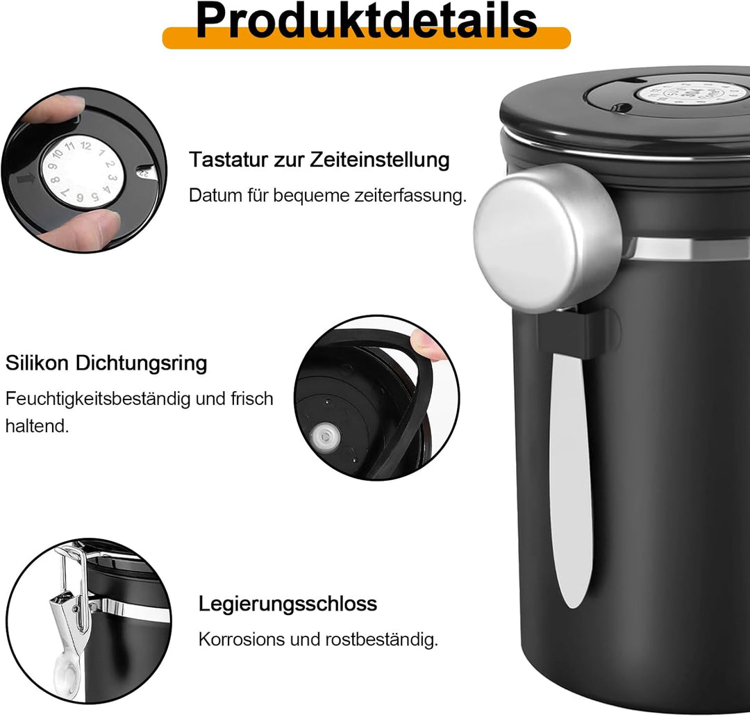 1,8L Kaffeedose Luftdicht, Kaffeedose Luftdicht aus Edelstahl, Kaffeebohnen Behälter,Kaffee Dose,Mit