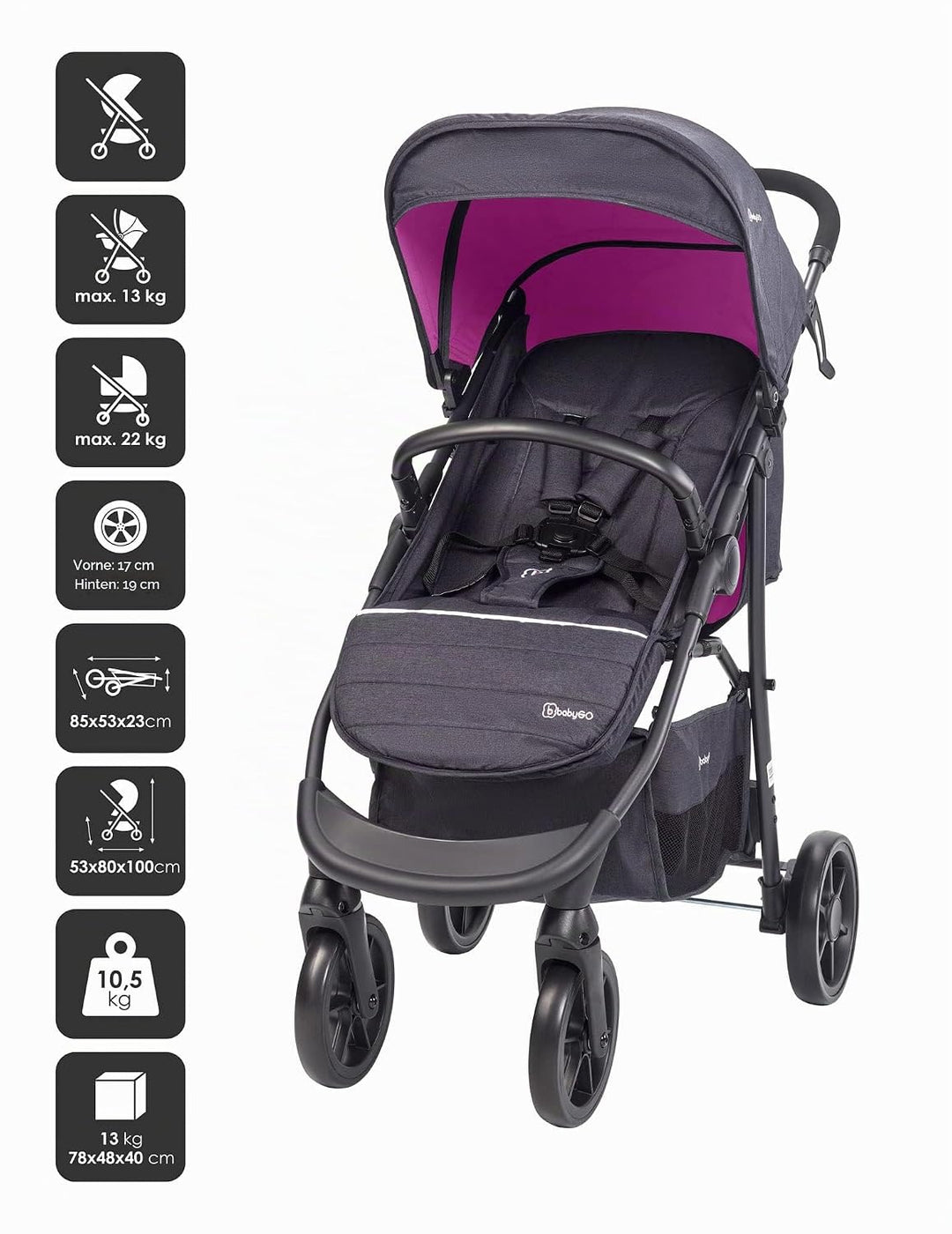 BABYGO Kinderwagen 3 in 1 Styles - Sportaufsatz und Wanne jeweils separat und Auto-Babyschale - Wick