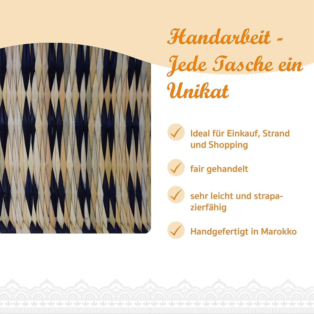 Simandra Seegras Korb, blau I Handgefertigte Korbtasche mit Trageriemen aus Leder I Abmessungen: 39