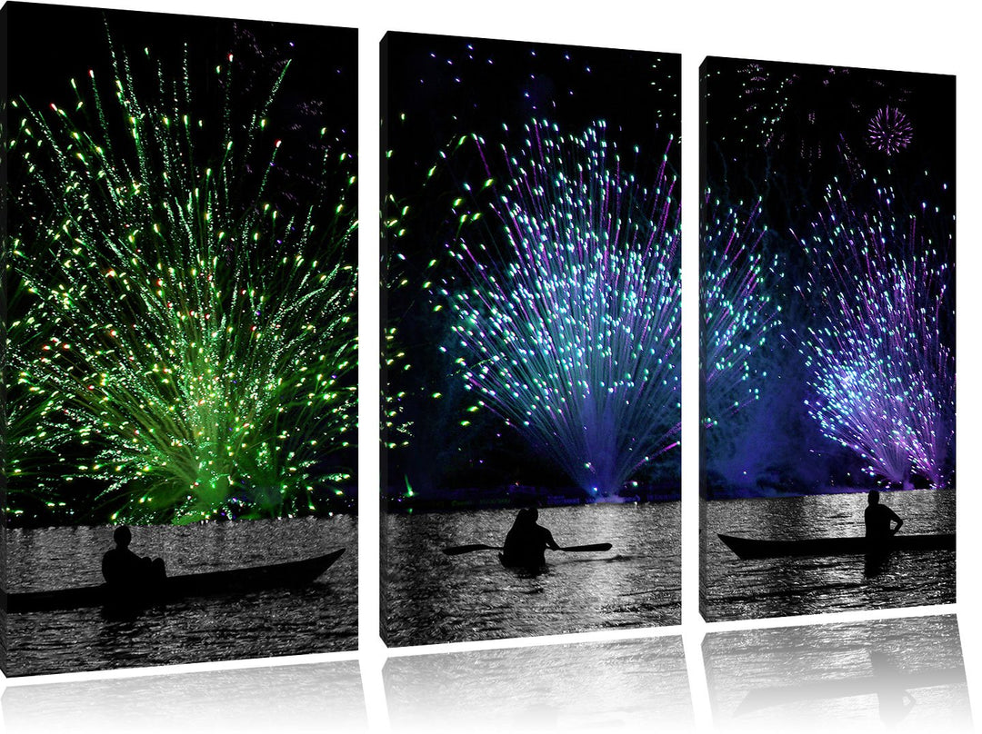 Pixxprint Feuerwerk auf dem Wasser / 3-Teilig/Gesamtmass 120cm Leinwandbild bespannt auf Holzrahmen/