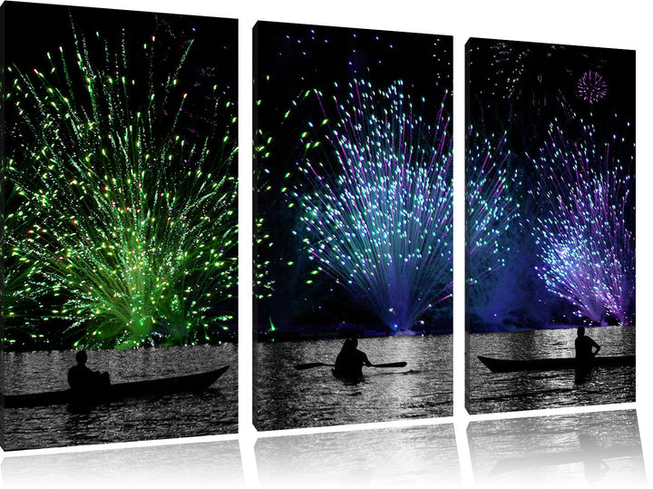 Pixxprint Feuerwerk auf dem Wasser / 3-Teilig/Gesamtmass 120cm Leinwandbild bespannt auf Holzrahmen/