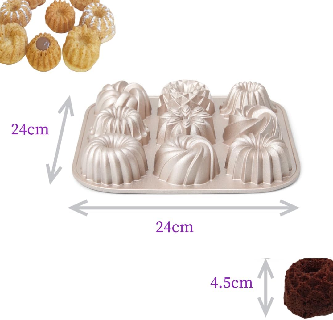 patisse 04521 – Backform für 9 Mini-Gugelhuffs, 9 Mini-Bundt Cakes, Aluminiumguss, goldfarben, 24 x