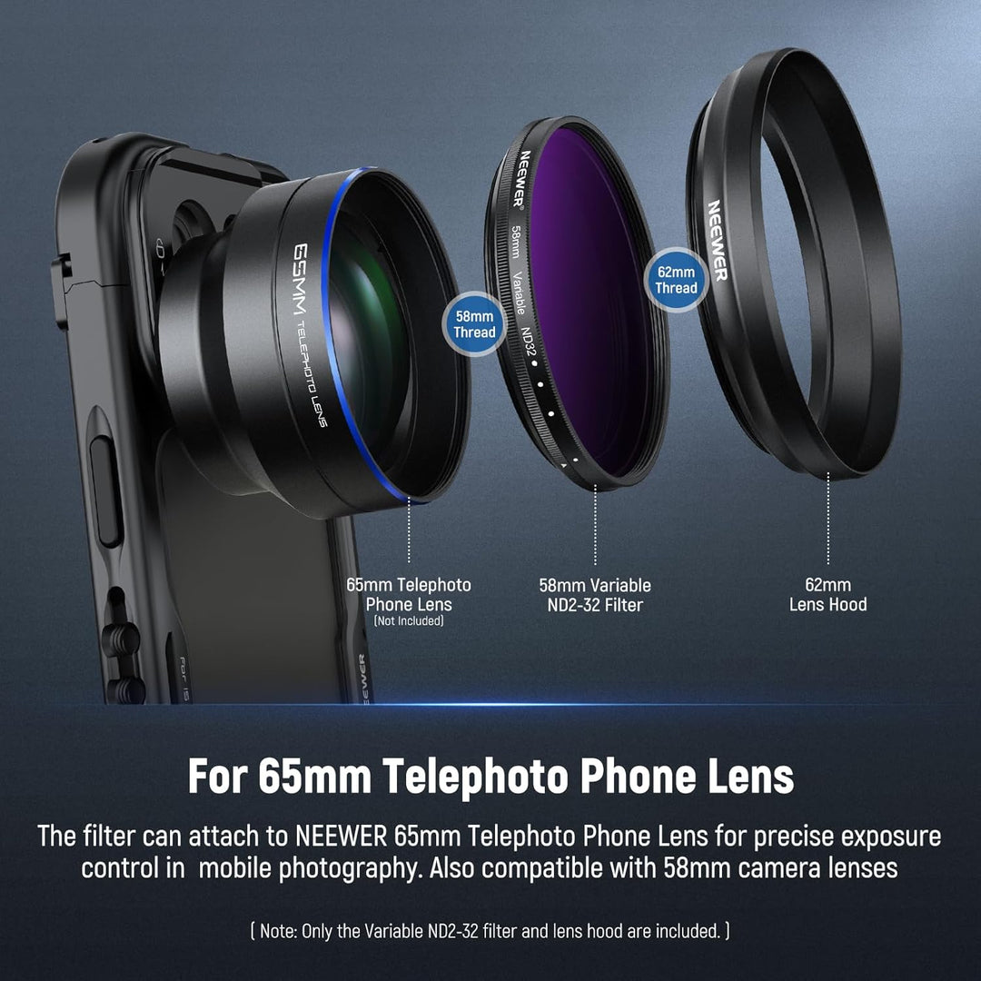 NEEWER 58mm Variabler ND Filter mit 62mm Gegenlichtblende, ND2-32 1-5 Stops Einstellbarer Graufilter