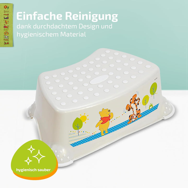 KiNDERWELT Premium Tritthocker für Kinder und Babys, Winnie Puuh Design in Perlweiss, Tritthocker St
