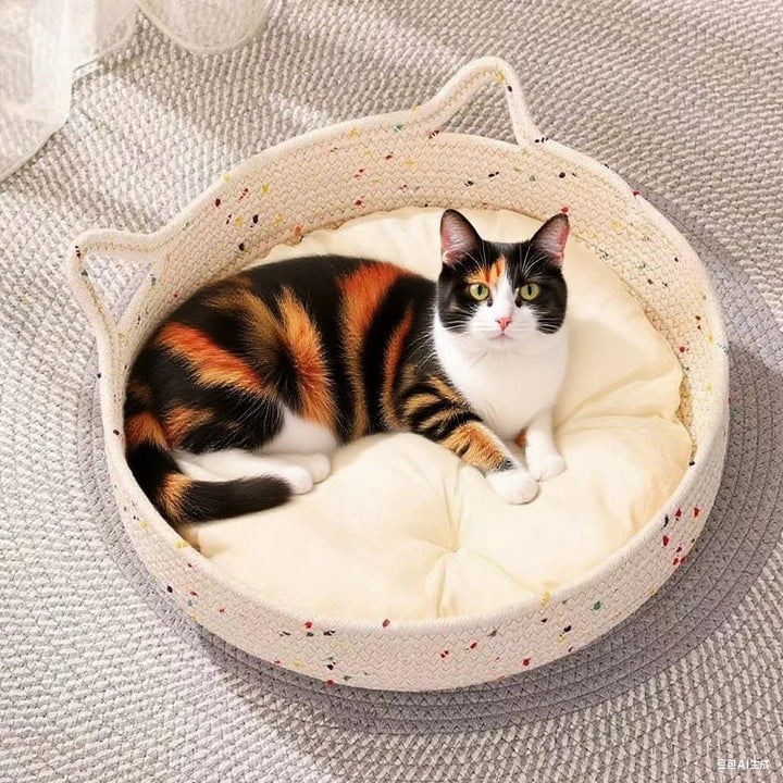Katzenbett Waschbar, Katzenkorb zum Schlafen aus Baumwollseilen, Rund Katzenkörbchen Baumwollekissen