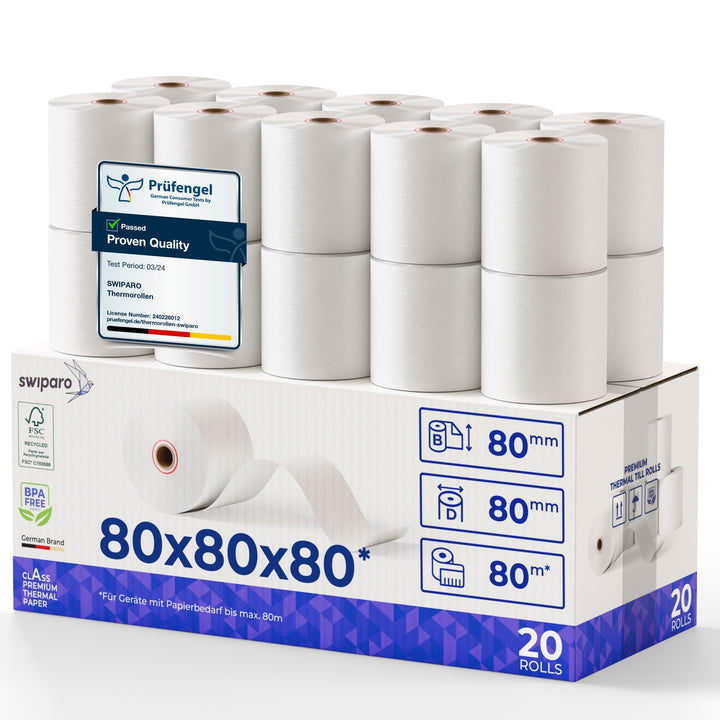 SWIPARO - Thermorollen 80mm x 80m x 12mm - Kassenrollen - Bonrollen zertifiziert für Registrierkasse