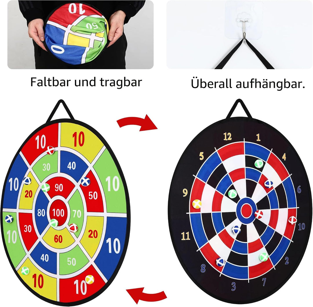 Dartscheibe für Kinder Set, 29 Zoll Doppelseitige Dartscheibe mit 12 Klebrigen Bällen, 12 Darts, gee