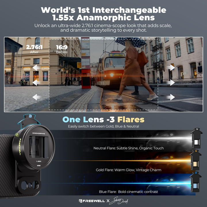 Freewell 1,55x anamorphes Objektiv für iPhone & Samsung - 3-in-1 Streak (Neutral, Gold, Blau) - Cine