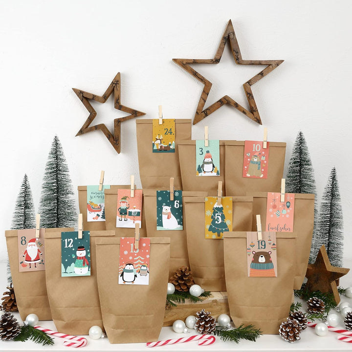 Papierdrachen Adventskalender 2025 zum Befüllen - 24 bedruckte Papiertüten mit Zahlenkarten & Klamme
