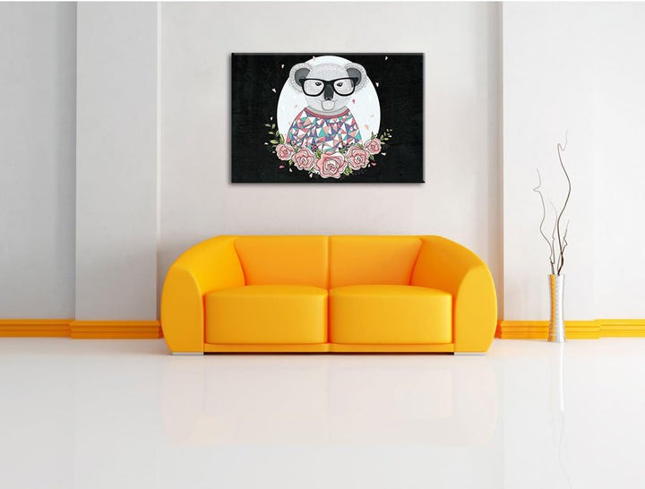 Pixxprint Hipster Koala mit Rosen als Leinwandbild/Grösse: 100x70 cm/Wandbild/Kunstdruck/fertig besp