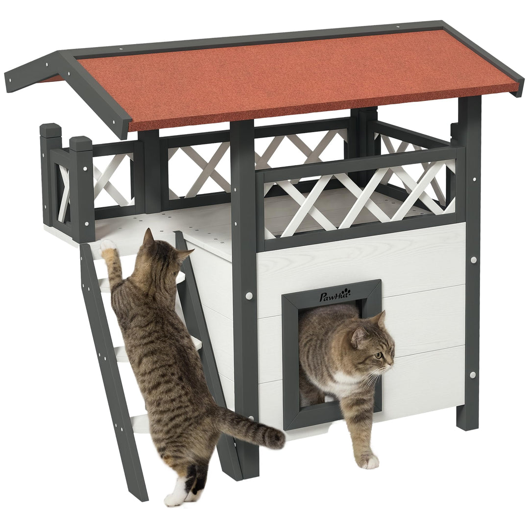 PawHut Katzenhaus aus Holz Winterfest wasserdicht Katzenhütte mit Asphaltdach Terrasse Treppe Katzen
