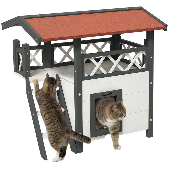 PawHut Katzenhaus aus Holz Winterfest wasserdicht Katzenhütte mit Asphaltdach Terrasse Treppe Katzen
