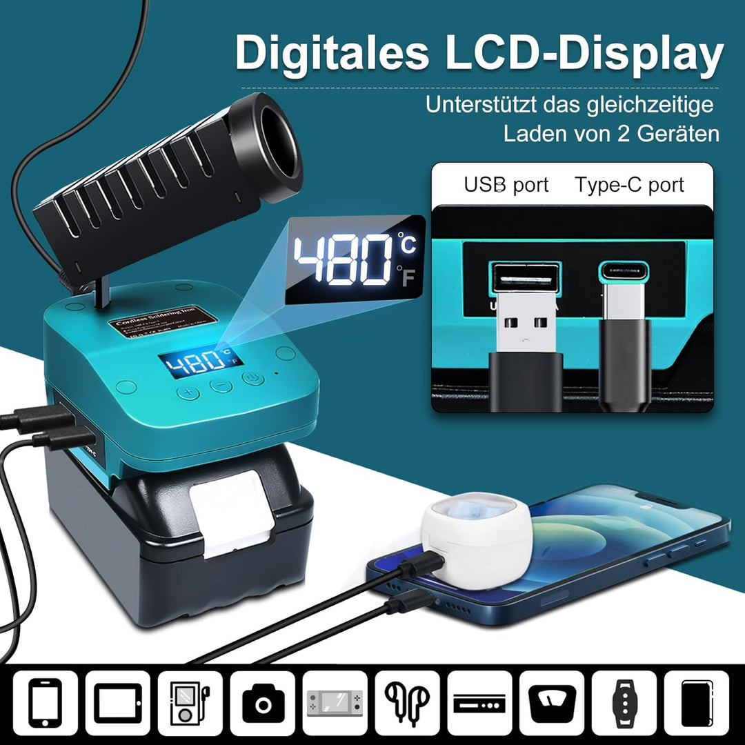 Akku Lötkolben Set kompatibel mit Makita 18V Akku, tragbarer Lötkolben mit USB und Typ-C, einstellba