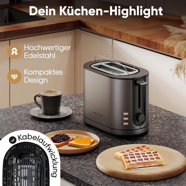 ProfiCook® Toaster 2 Scheiben mit Brötchenaufsatz | mattes Edelstahlgehäuse | 900W | extra breite To