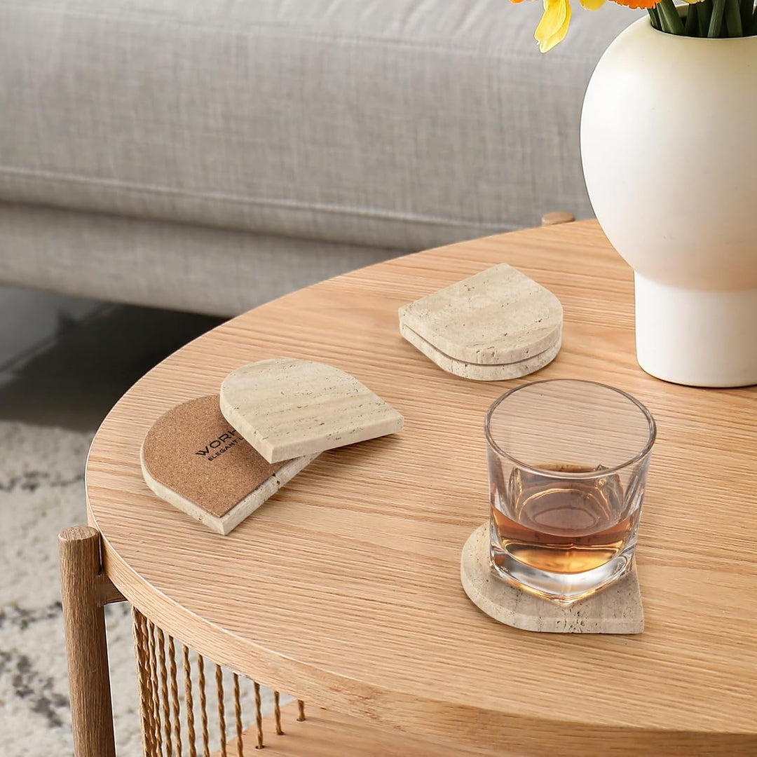 Marmor-Untersetzer, Beige Travertin Stein Marmor 5er-Set mit Korkboden, saugfähige Untersetzer für T