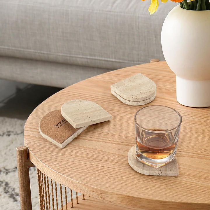Marmor-Untersetzer, Beige Travertin Stein Marmor 5er-Set mit Korkboden, saugfähige Untersetzer für T