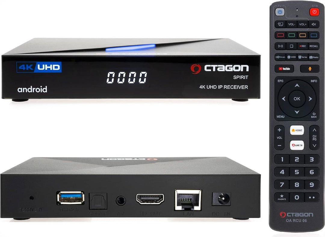 [Test SEHR GUT *] Octagon Spirit 4K UHD Android TV Box, Dual Band WiFi WLAN, Bluetooth Fernbedienung