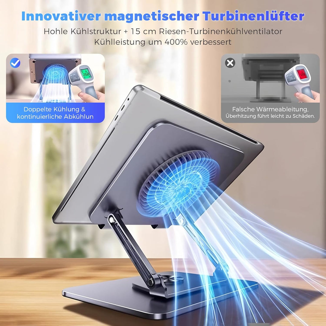 Laptop Ständer aus Aluminium, 360° Drehbar, Faltbar, mit Magnetischem Lüfter für Kühlung, Kompatibel