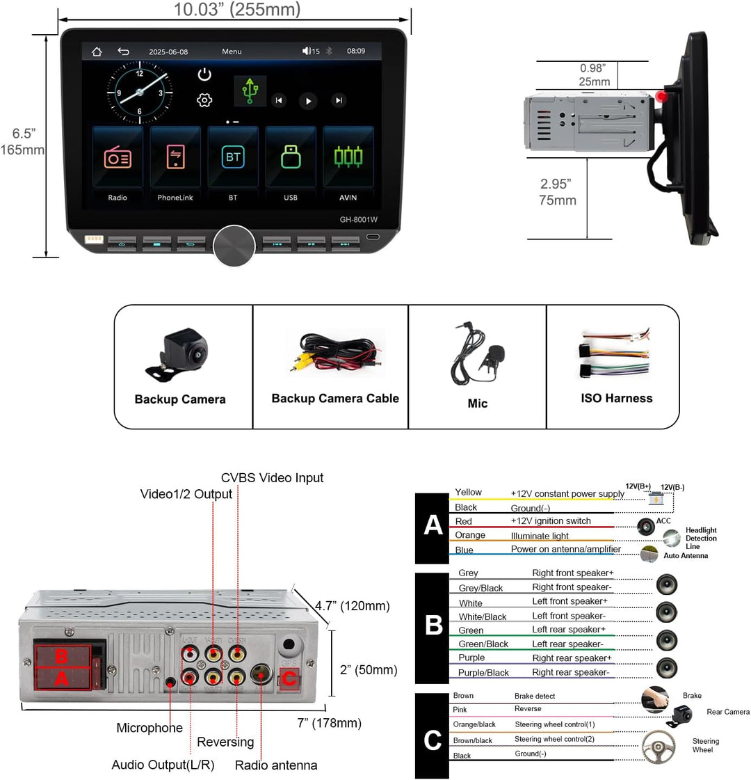 Autoradio 1Din mit drehbar Bildschirm(10.1"), Kompatibel mit [Wireless] Apple CarPlay/Android Auto B