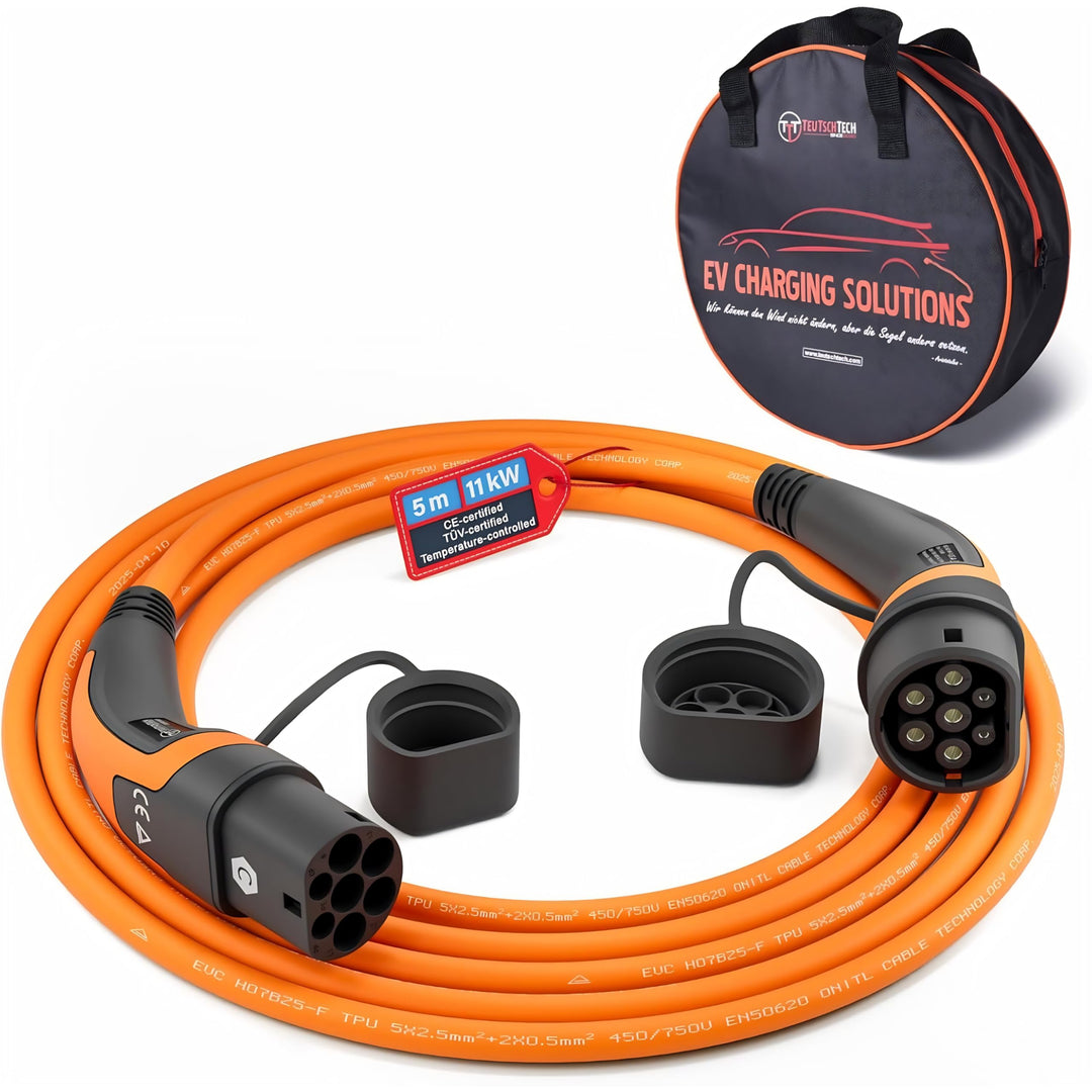 TEUTSCHTECH, EV Ladekabel orange I 5M I TYP2 - TYP2 I 11kW I 3X16A I 3-phasig I Mit Lade- Temperatur