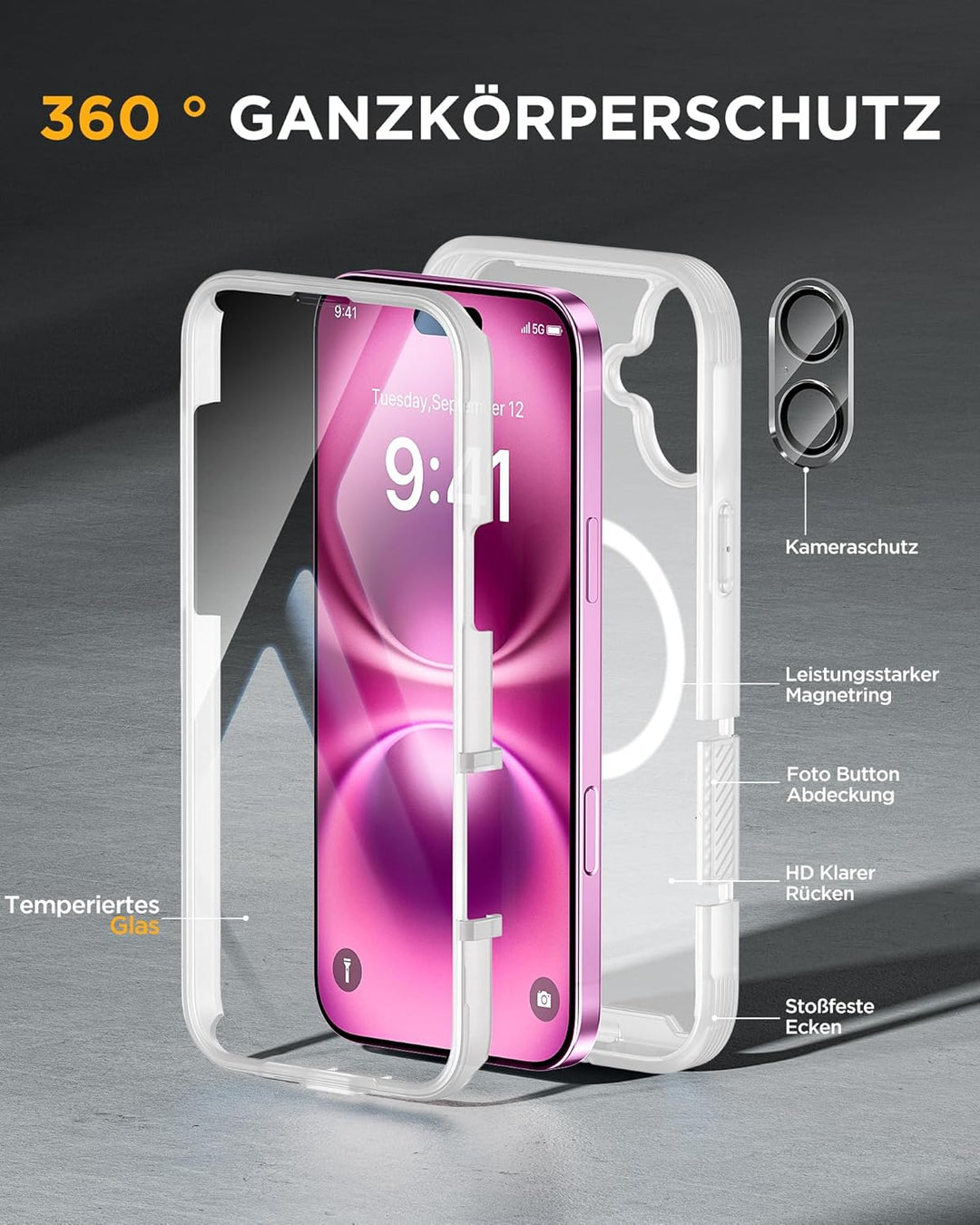 Miracase 360 Grad für iPhone 16 Hülle mit Magsafe, Eingebaut Glas Schutzfolie, Komplettschutz HandyH