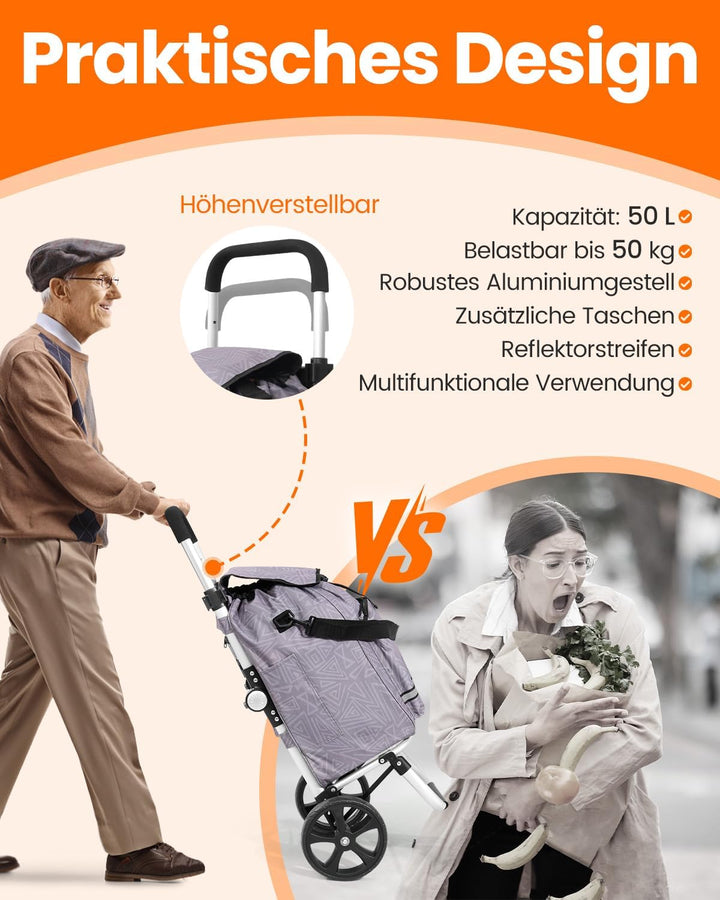 Homecall Einkaufstrolley klappbar Einkaufswagen mit 50L + 5L kühlfunktion Bis 50KG, Einkaufstasche m