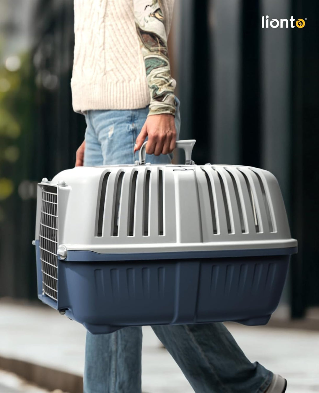 lionto Hundetransportbox aus Kunststoff mit Metallgitter, 58,5x35,5x40 cm, Transportbox mit praktisc
