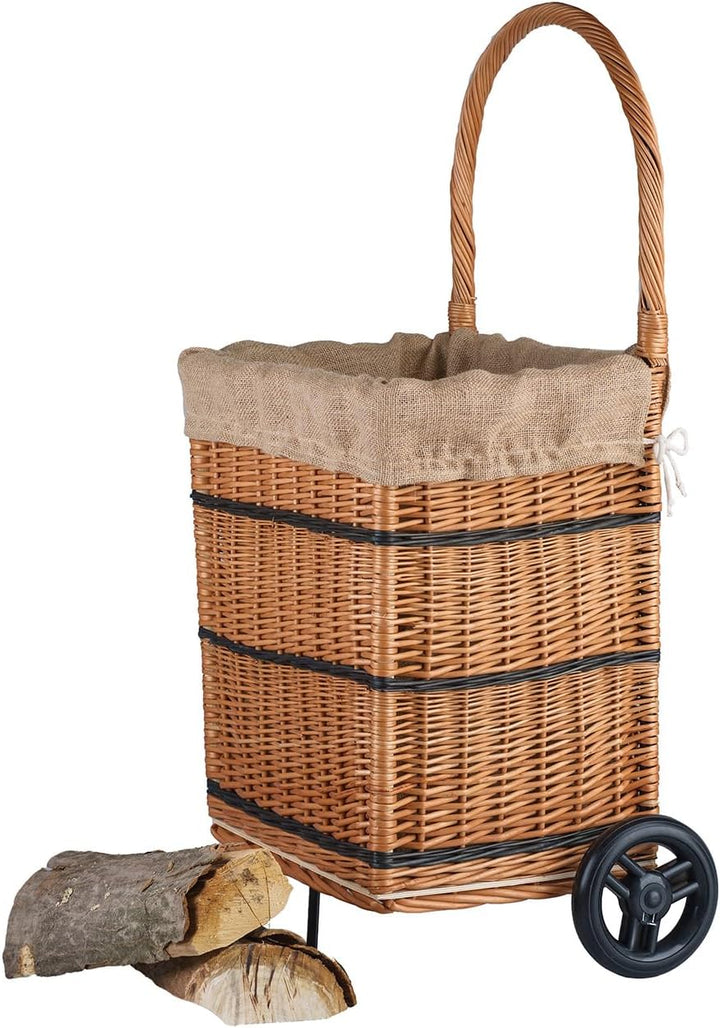 Kaminholzkorb auf Rollen Trolley fahrbar aus Vollweide Kaminkorb Halbrund Rollkorb aus Weide für Kam