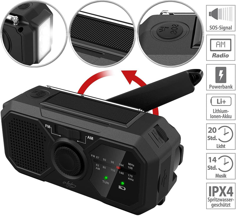 infactory Kurbelradios: Solar- und Dynamo-Koffer-Radio mit LED-Licht, SOS, Powerbank-Funktion (Solar