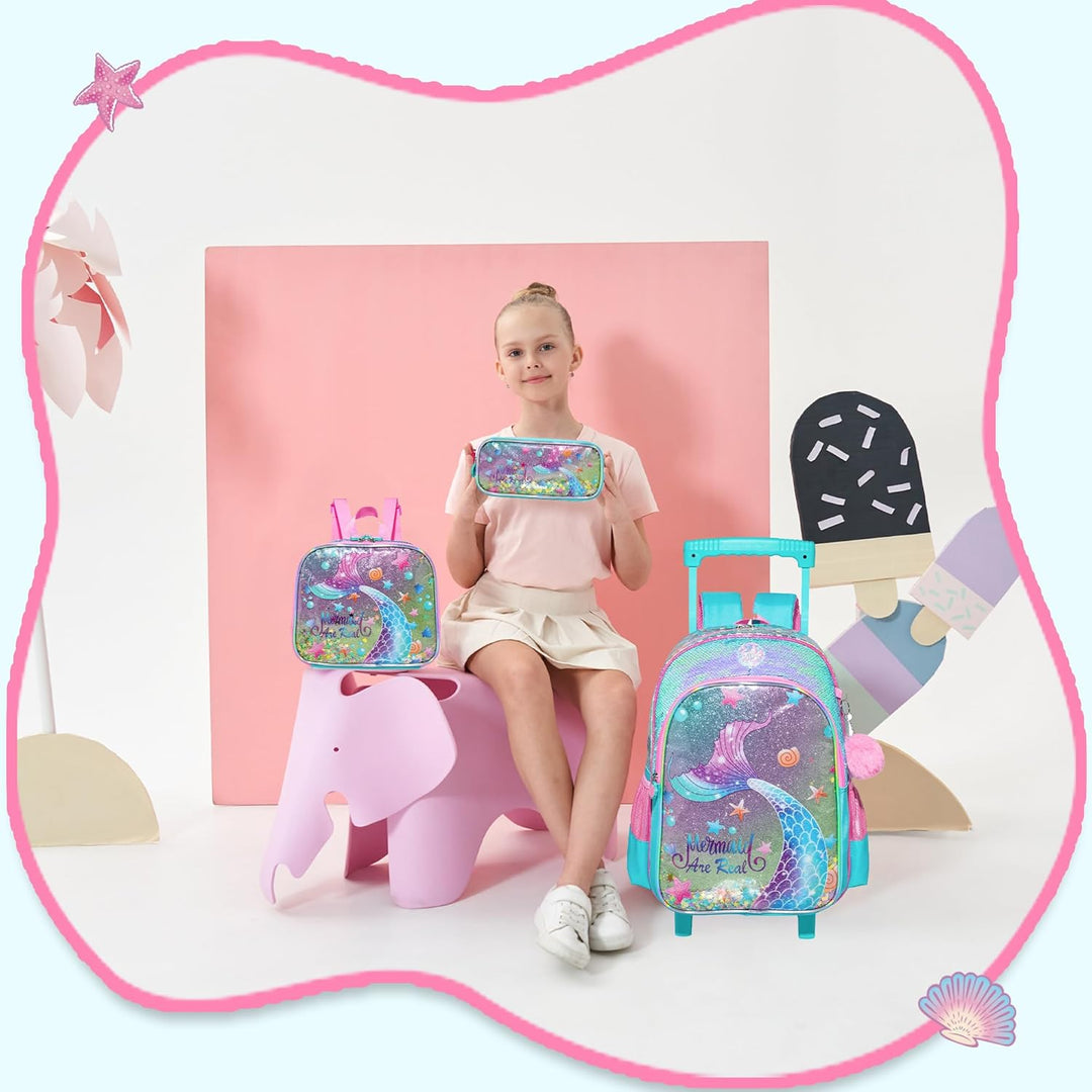 HTgroce Trolley Rucksack Mit Rollen, Federmäppchen, LunchTasche 3 in 1 Leicht Rolling Schulranzen fü